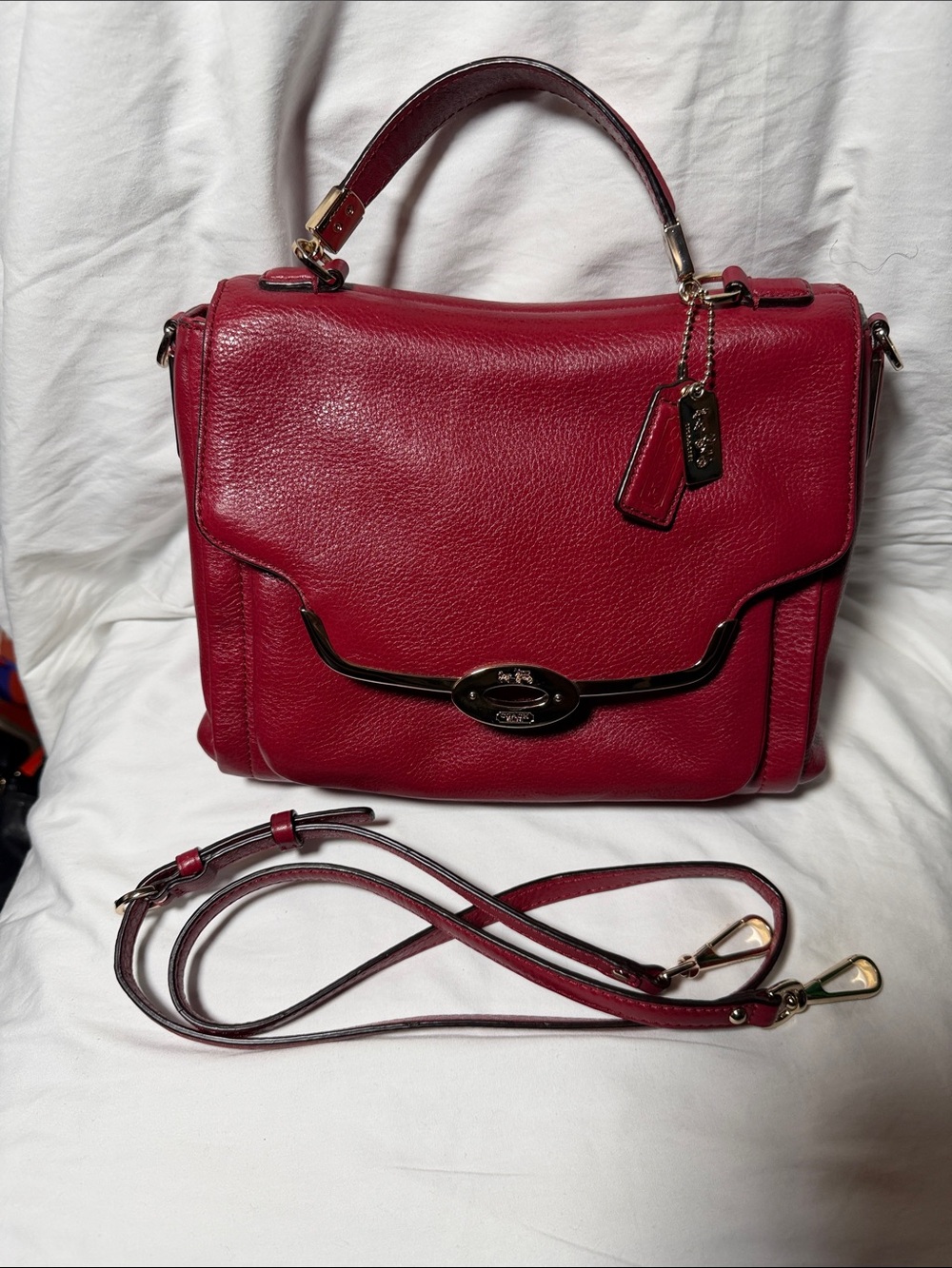 Coach Red Pebbled Leather Top-Handle Satchel with Gold Hardware - Picture 6 of 14